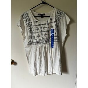 Gloria Vanderbilt Womens White Embroidered Empire Waist Slub Knit Top Large